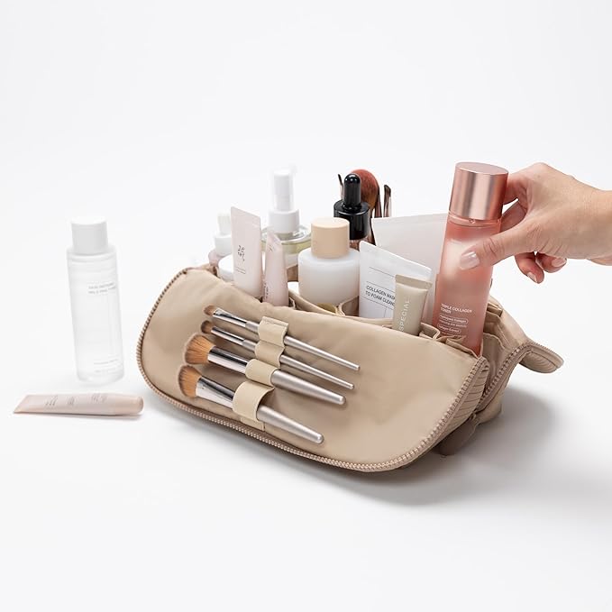 THE VERTI-Vertical Waterproof Makeup & Toiletry Bag | 23-Pocket Organizer with Upright, Fold-Down Design for Skincare, Toiletries & Essentials (Sandstone) - Image 3
