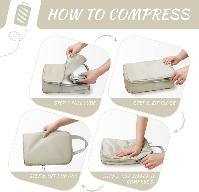 WOOMADA Compression Packing Cubes for Suitcases Travel Essentials 8 Set Expandable Travel Bags Organizer for Luggage(beige) - Image 5
