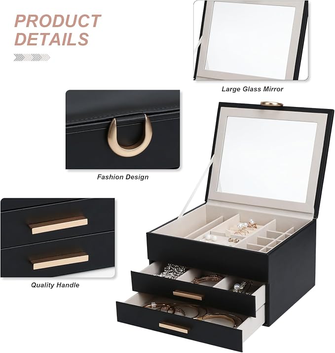 Large Jewelry Organizer Box with Mirror - Features Ring Rolls, Necklace Hooks, Earring Slots, Plush Interior for Luxury Protection Black - Image 4