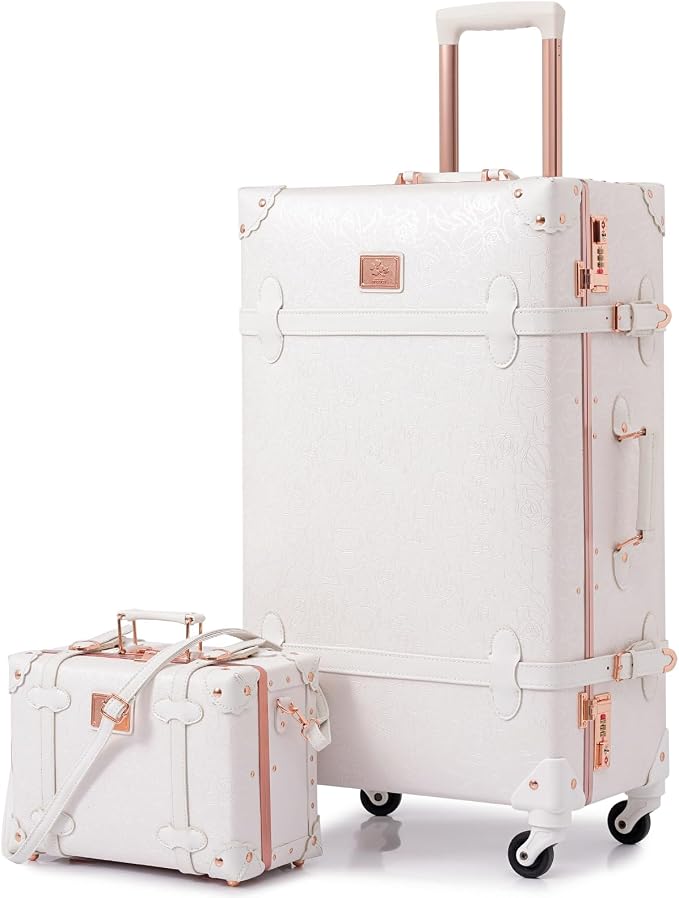 urecity 20" Rose White Vintage Luggage Set 2 Piece, Aluminum Frame Retro Carry On Suitcase with Cosmetic Case, Vegan Leather Spinner Trunk for Women (Clear Cover Included) by urecity