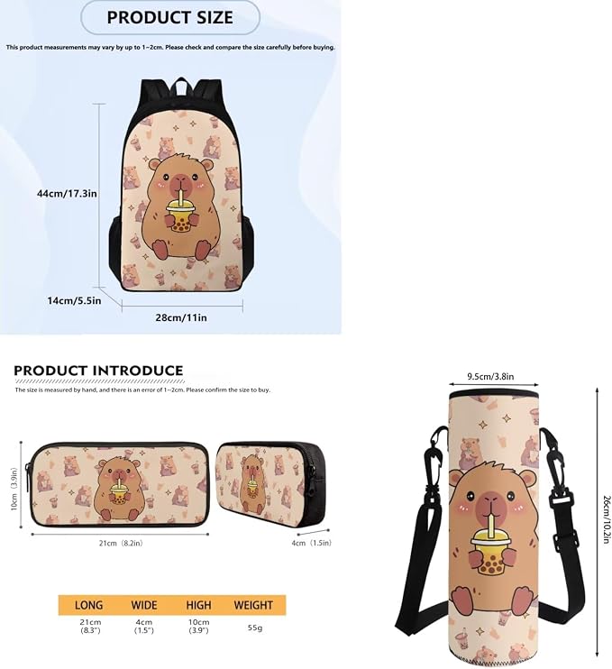Capybara Milk Tea Backpack for School, Girls School Bags with Water Bottle Carrier Lunch Boxes Pencil Cases for Kids Student Bag Daypack Set 4 in 1 - Image 7
