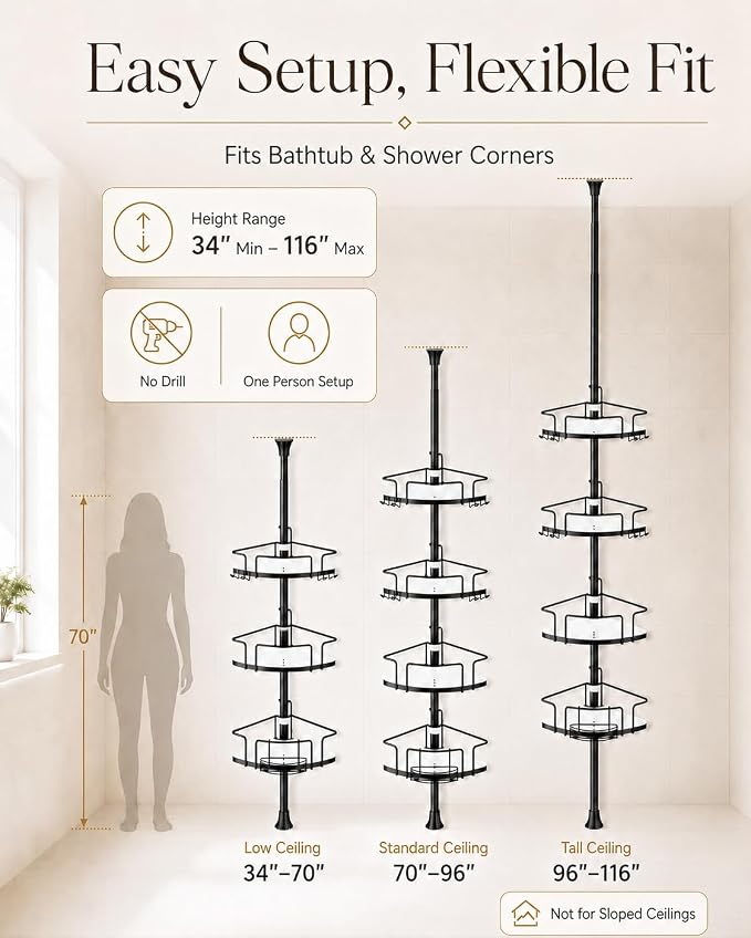 ALLZONE Corner Shower Caddy Tension Pole, 4 Hang-On Basket with Mixed-Height Shelves for Various Bottle Sizes, Extra Hooks & Soap Holder, Rustproof Stainless Steel, Fits 34–116 Inch, Black/White - Image 3