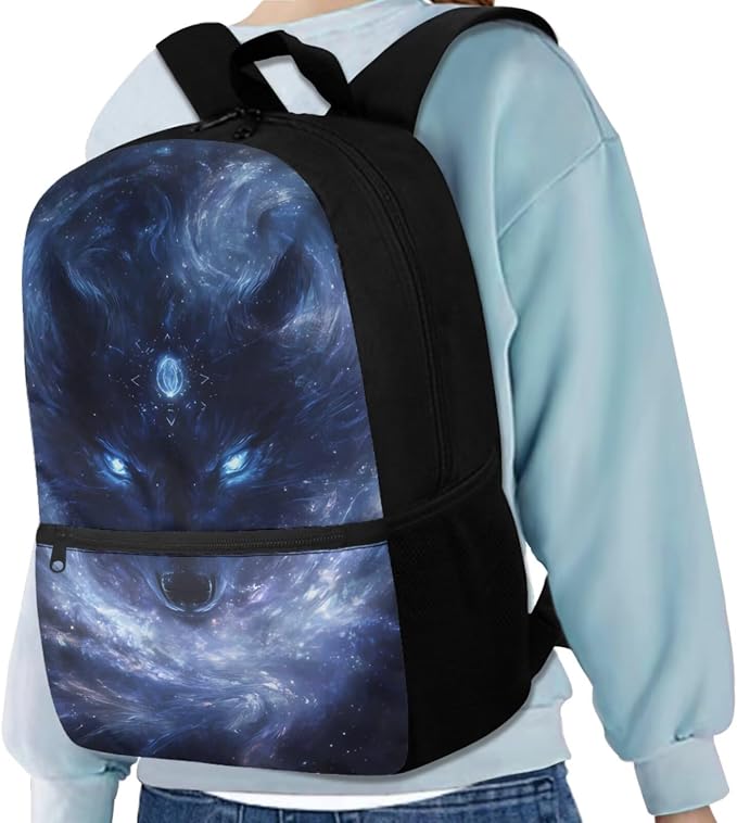 Galaxy Wolf Backpack for Boys Girls Backpack with Lunch Box Water Bottle Carrier with Strap and Pencil Case Pouch 4PCS Set Bookbag with Front Pocket for School 17" Sturdy School Bag for Kids - Image 2