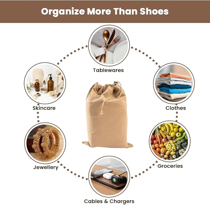 LFH Cotton Rich Shoe Storage Bags with Drawstring, Dustproof Breathable Reusable Organizer, Perfect For Travel, Dorm, Hotel, College, Gym, Easy to Carry, Machine Washable 8"x17" (Pack of 4) - Beige - Image 9