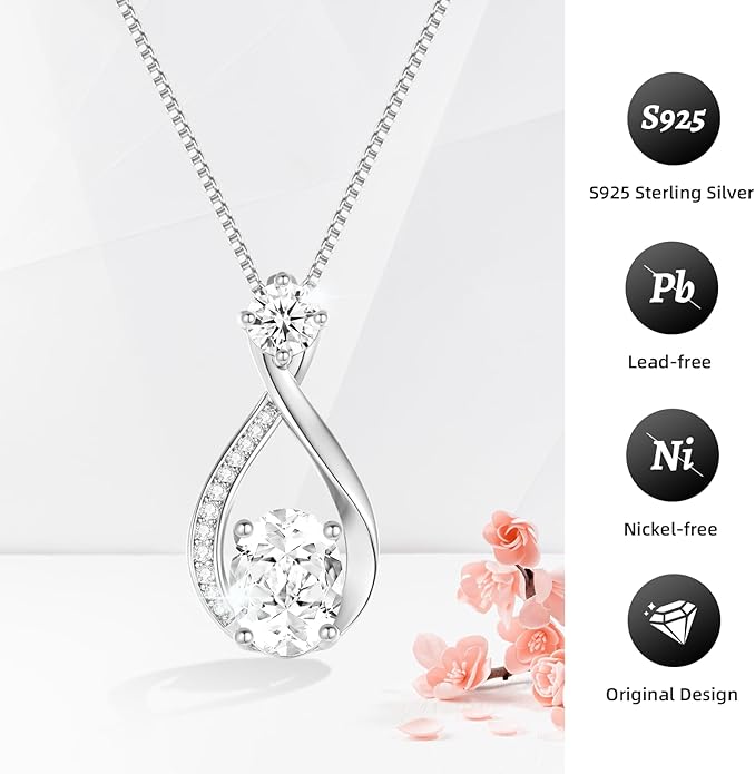1.5CT Moissanite Infinity Pendant Necklace Anniversary Wedding Gifts for Women Wife Her S925 Sterling Silver 18K White Gold/Gold Filled Jewelry for Birthday Mothers Christmas Valentines Day