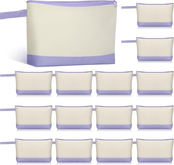 Silkfly 15 Pcs Cotton Canvas Makeup Bags Cosmetic Zipper Bags 10.2 x 5.5 x 2'' Blank DIY Pouch Bulk Pencil Case with Bottom Travel Toiletry Pouch for Women Craft Decor Gift (Beige and Light Purple) by Silkfly
