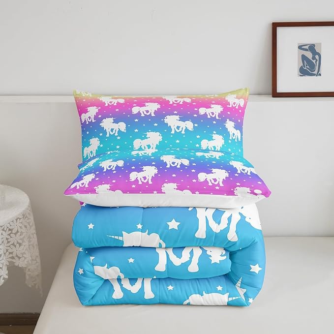 2 Piece Unicorn and Stars Bedding Set Twin Size,Tie Dye Pastel Comforter Sets Rainbow Printed Duvet Sets for Kids Girls Teens,Girly Sweet Colorful Down Comforter Bedroom Decor with 1 Pillow Case - Image 5