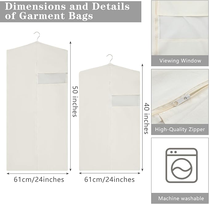 Aliceset 6 Pcs 40 Inches 50 Inches Cotton Garment Bags for Hanging Clothes, Canvas Suit Bags for Clothes Coats Jackets Shirts Closet Storage Travel Gusseted Hanging Garment Cover - Image 2