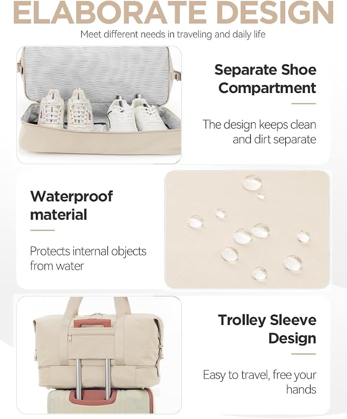 Oeihuivt Weekender Bags for Women - 21 Inch Large Travel Duffel Bag Set with Shoe Compartment, Heavy-Duty nylon Carry On Overnight Tote Beige - Image 3