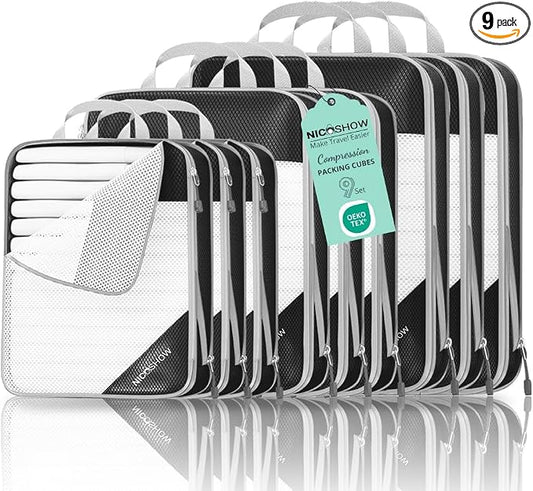 9 Set Compression Packing Cubes for Travel - Compressible, Lightweight, and Space-Saving Packing Cubes, Travel Essentials for Women, Black by NICOSHOW