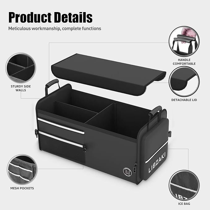 LIBZAKI Car Trunk Storage Organizer, Multi Compartment Collapsible Trunk Storage Box for Car Truck SUV-Black - Image 4