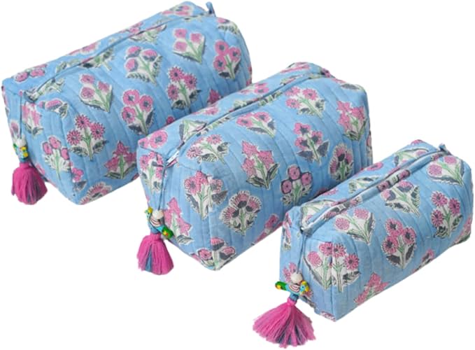 Saffron Marigold Quilted Makeup Bag Set of 3, Hand Block Printed Cotton Cosmetic Bags for Women, Waterproof Lined Travel Toiletry Bag, Coquette Floral Aesthetic, Handmade Gift, Denim Rose by SaffronMarigold