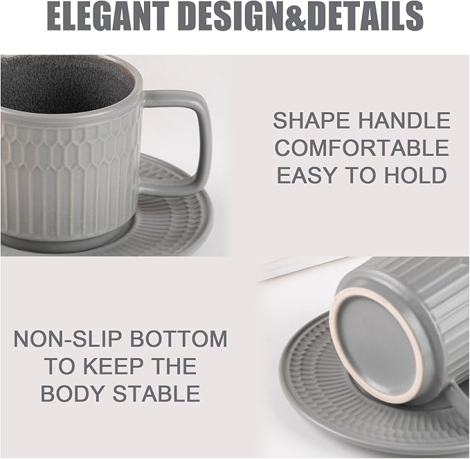8oz Cappuccino Cups with Saucers Set of 4, 8 Ounce Stackable Embossed Ceramic Coffee Mugs for Specialty Coffee Drinks, Latte Mugs, Cafe Mocha and Tea, Dishwasher & Microwave Safe (Grey) - Image 4