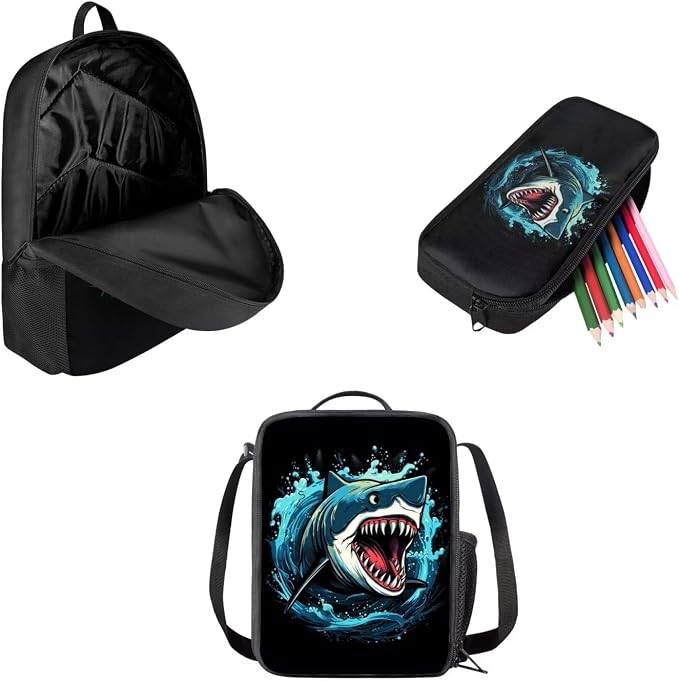 Mumeson 3PCS 17 Inch Kids Backpack with Lunch Box,Shark Lightweight Travel School Backpack,Back to School Boys Girls Laptop Bags - Image 2