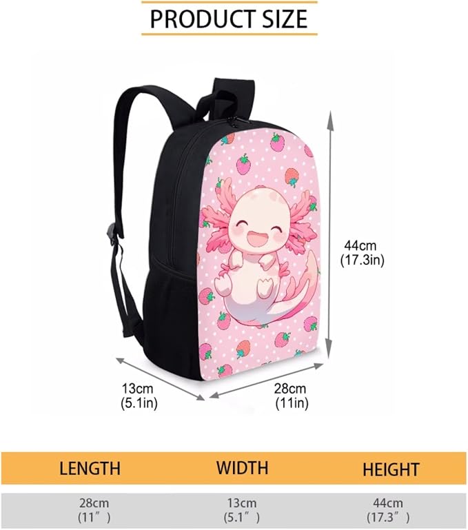 Cute Axolotl Backpack with Lunch Box Set for Girls 6-8/5-7 Strawberry Bookbag for 1st Grade Elementary School Back Pack Lunchbox Pencil Case Water Bottle Holder 4PCS Kids Preschool Book Bag - Image 4