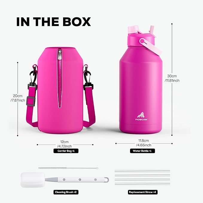 POWCAN 64 oz Insulated Metal Water Bottle for Women: 2-in-1 Straw & Spout Lid, Keep Cold 48H, Leakproof, Carrier Bag, Half Gallon Stainless Steel Water Bottle for Sports, Travel, and Fitness (Peony) - Image 4