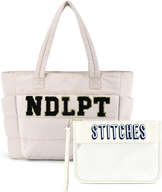 Needlepoint (NDLPT) Tote Bag & Clear Stitching Zipper Pouch Set (Beige) | Lightweight Puffy Project Bag for Embroidery Sewing Craft Storage Organizer – Gifts for Stitchers by RF+REENFAYA
