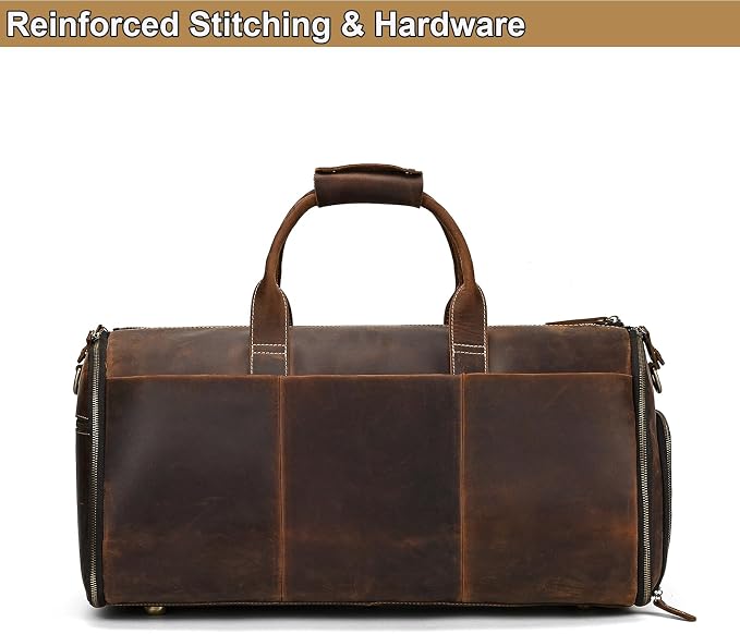 Full Grain Genuine Leather 2-in-1 Garment Dufflel Bag for Men Foldable Suit Carrier with Independent Shoe Compartment, Large Capacity Weekender Overnight Travel Bag for Business Trips, Coffee - Image 8