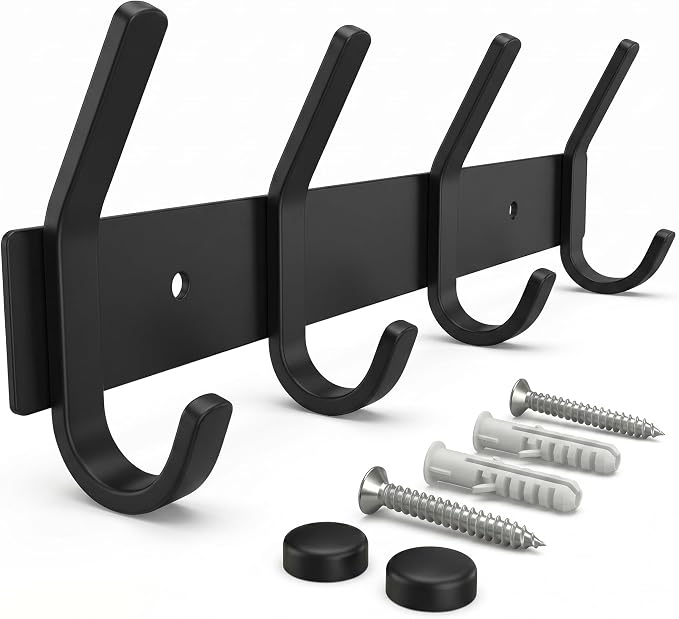 Coat Rack Wall Mount – 12 Inch Stainless Steel Hook Rail with 4 Double Coat Hooks for Hanging – Wall Mounted Entryway Organizer for Coats, Hats, Bags, Towels, Robes, Closet or Bathroom - Black by SAYONEYES