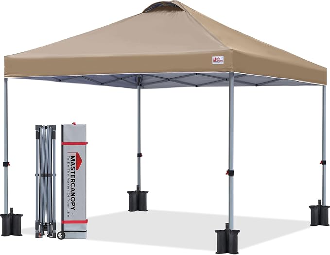 MASTERCANOPY 10x10 Pop Up Canopy Tent, 1 Person Setup Instant Shelter,Outdoor Portable Beach Canopy with Roller Bag, 4 Sandbags, 4 Ropes, 8 Stakes (10x10, Khakie) by MASTERCANOPY