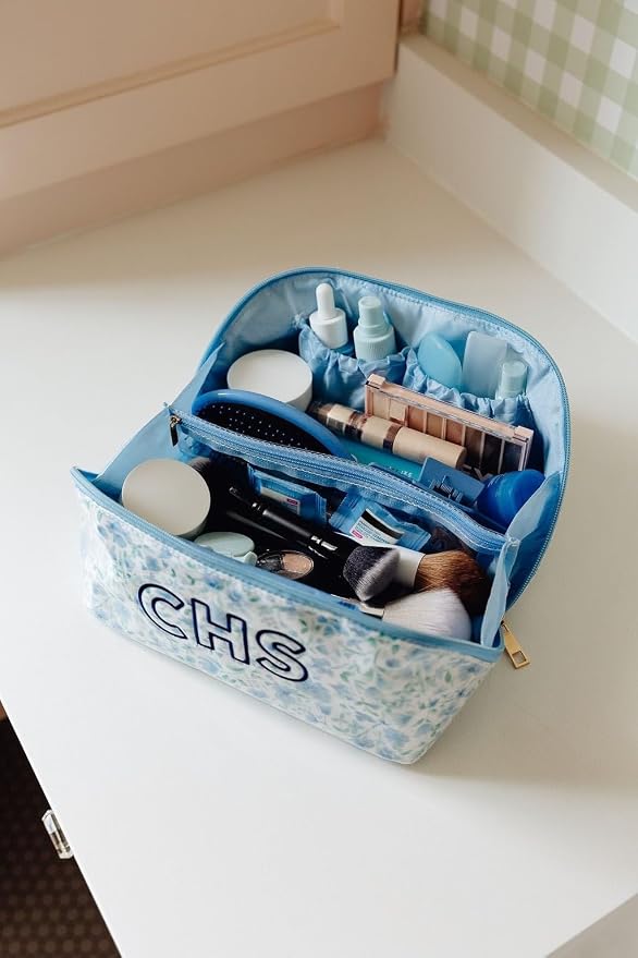 Personalized Flat Lay Makeup Bag - Clear-Coated Embroidered Cosmetic Organizer, Monogrammed Wide-Open Travel Pouch with Easy-Access Interior, Handmade Gift for Women (Peony) - Image 6