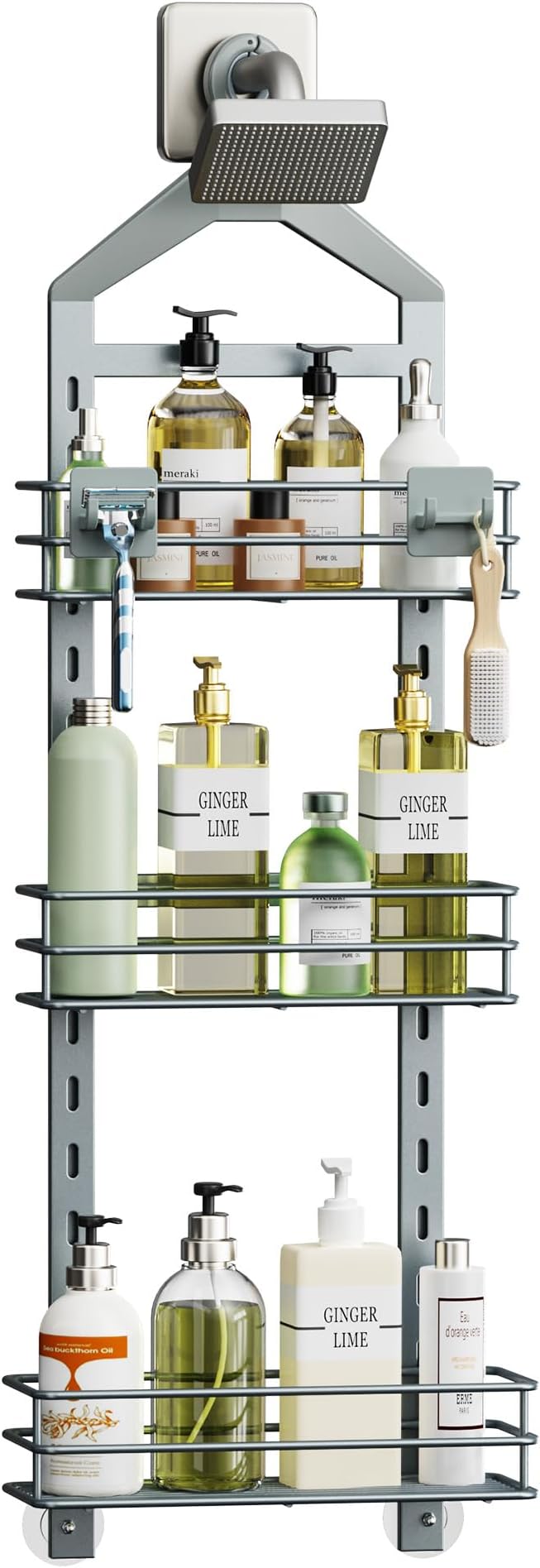 Orimade Adjustable Anti-slip Shower Caddy Overhead, Rustproof Hanging Shower Organizer With 2 Razor Hooks - No Drilling, 3-Tier Shelves, Silver Grey by Orimade
