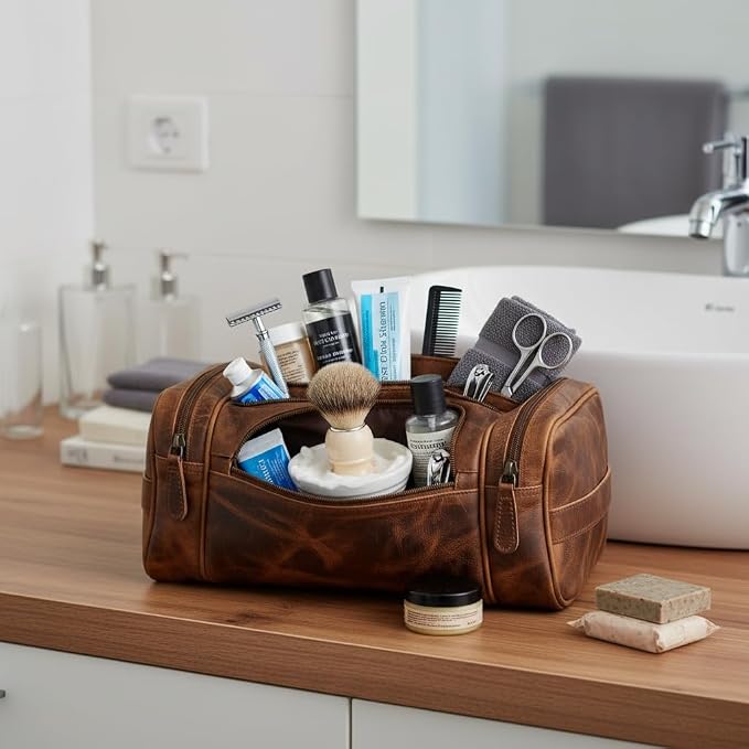 (13 inch Extra Large) Real Full Grain Leather Toiletry Bag for Men, Dopp kit with Waterproof Lining, Toiletries Organizer, Grooming Travel Bag Pouch, Bathroom Shaving Kit Zipper Bag - Image 2