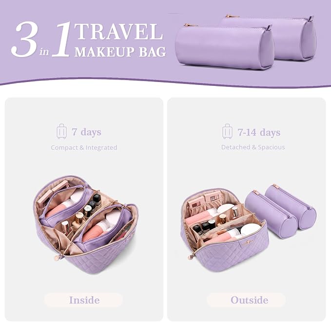 Travel Makeup Bags Cosmetic Organizer: 3Pcs Set Puffy Make up Bag for Women | Purple Premium Quilted ELEGANCE Design | Large Capacity Leather Toiletry Bags | Wide Open Compact Case for Travel Essentials - Image 4