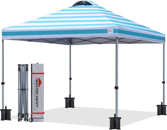 MASTERCANOPY 10x10 Pop Up Canopy Tent, 1 Person Setup Instant Shelter,Outdoor Portable Beach Canopy with Roller Bag, 4 Sandbags, 4 Ropes, 8 Stakes (10x10, Sky Blue Stripe) by MASTERCANOPY