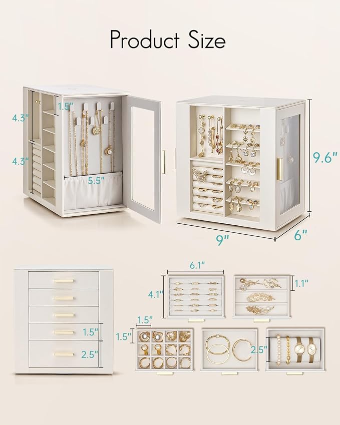 VLANDO 360ｰ Rotating Jewelry Box with 5 Drawers, Large Jewelry Storage with 2 Glass Window, PU Leather Jewelry Organizer for Bracelets, Necklaces, Earrings, Rings - Cloud White - Image 2