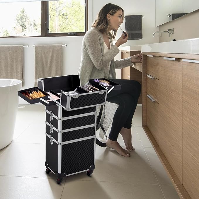 Topeakmart 4-in-1 Cosmetology Case on Wheels Lockable Makeup Trolley Black | Reinforced with aluminum trim and steel corners, this rolling makeup train case organizes and locks supplies anywhere - Image 7
