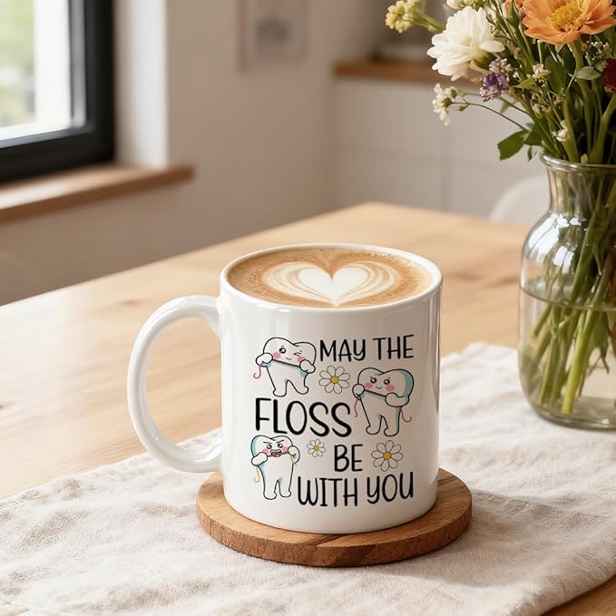 May The Floss Double-Sided Ceramic Mug, Funny Dentist Mug for Men Women, Dental Office Coffee Cup, Thanksgiving Birthday Gifts for Dental Hygienist, Graduation Gifts for Dentist Assistant