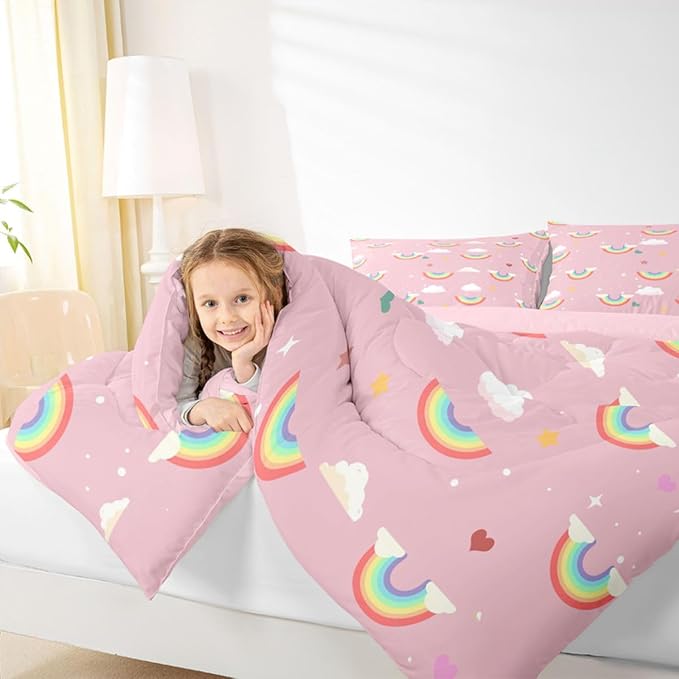 Erosebridal Rainbow Down Comforter Queen Size, Sparkly Galaxy Comforter Set for Kids Girls Boys Children Teens Women, Starry Sky Cloud Quilted Duvet Iridescent Stripes Bedding Set All-Season, Pink - Image 6