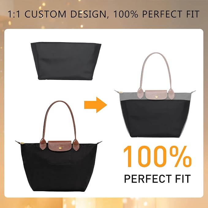 Soft Nylon Purse Organizer Insert for Longchamp Le Pliage Large Tote Handbags, Lightweight Luxury Long Champ Insert Bag Divider Shaper with Cup Holder Zipper Pocket, 8 Deepened Pockets,Black - Image 7