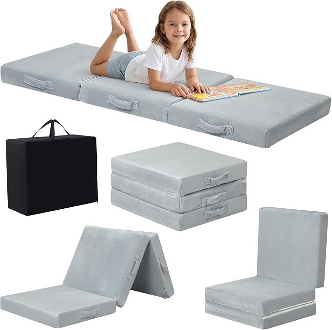 MeMoreCool Foldable Floor Mattress for Kids Trifold, 63x26 Inch Grey | Trifold futon floor mattress for playroom, reading nook and travel, washable by MeMoreCool
