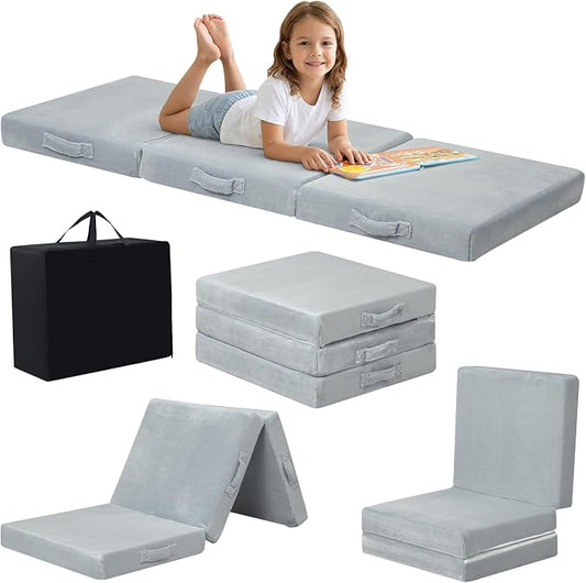 MeMoreCool Foldable Floor Mattress for Kids Trifold, 63x26 Inch Grey | Trifold futon floor mattress for playroom, reading nook and travel, washable by MeMoreCool