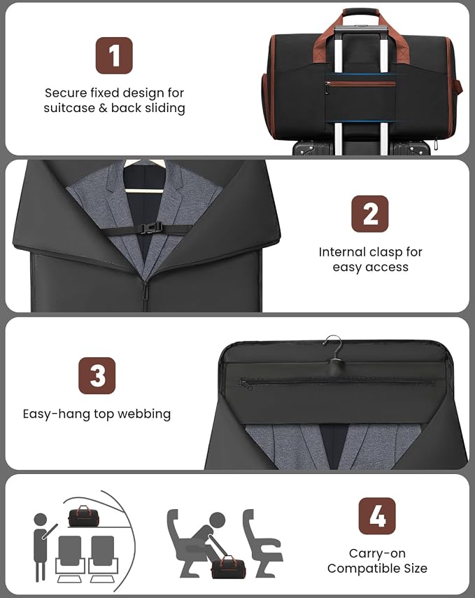 Garment Duffle Bag for Men,Convertible Garment Bags for Travel,Suit Carry-on Travel Bag Expandable with Shoes Compartment for Business Trip,Weekend(Black) - Image 3