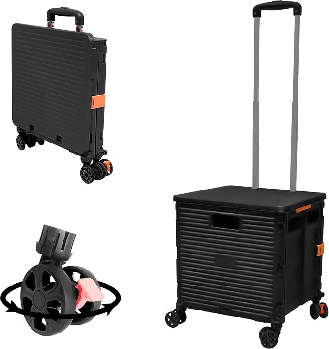 FELICON SELORSS Foldable Utility Cart Folding Portable Rolling Crate-Black | Durable,Heavy Duty,Plastic Box,Telescoping Handle,4 Rotate Wheels,Collapsible Handcart for Travel Shop Move Luggage Office by FELICON