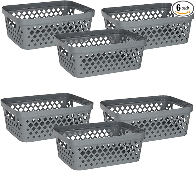 Glad Plastic Storage Basket Set, Value Pack of 6 | Open Storage Bins for Shelves, Bathroom, Pantry, Closet | Nesting Organizer Boxes with Handles, 2 Gallon, Grey by GladTrashFoodStorage