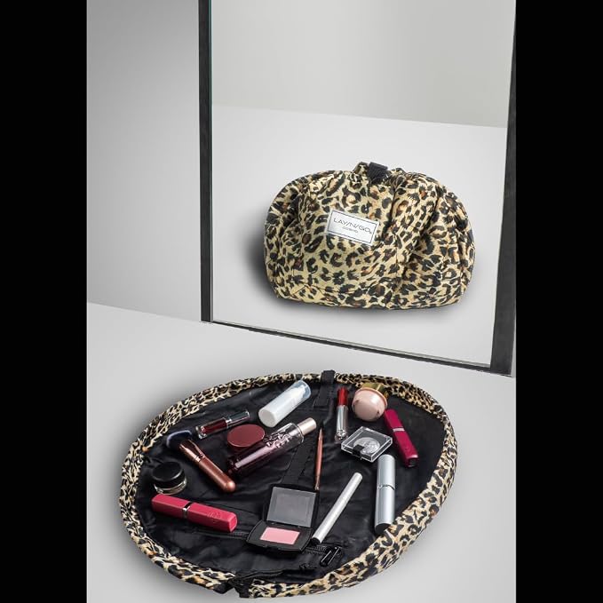Lay-n-Go Cosmo Layflat Drawstring Cosmetic & Makeup Bag Organizer w/Zipper Pocket, Brush Loops & More, Cinch to Close, Lay Flat to Use, Durable, Machine Wash, Travel Toiletry Bag (20", Leopard) - Image 6