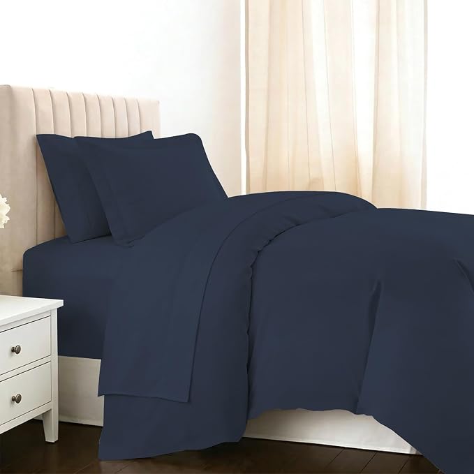 Pizuna Pure 100% Long-Staple Cotton Duvet Cover + Sheet Set Twin, Luxurious 400 Thread Count Long Staple Cotton, Soft Sateen Weave Bedding Set (Dark Blue) by Pizuna