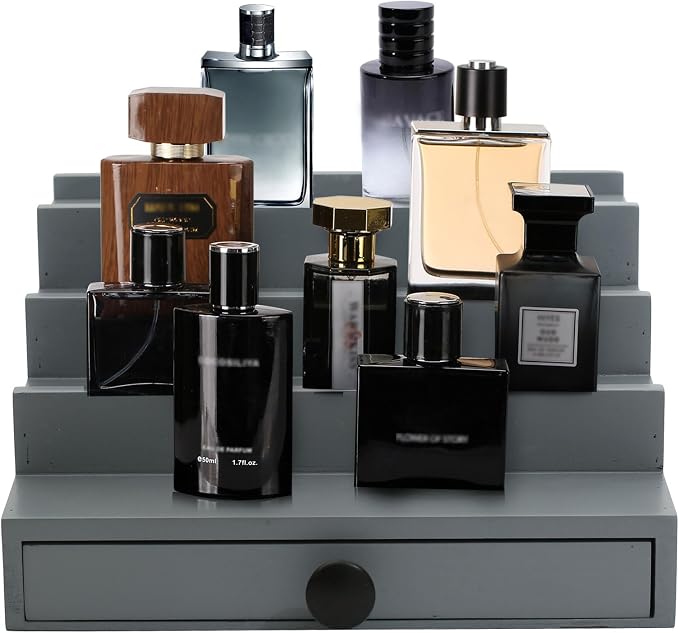 4 Tier Men's Cologne Organizer, Gray Wooden Display Stand with Drawer | Tiered Cologne Display Shelf, Rack and Tray, Drawer Storage, Countertop Dresser Organizer, Mens Room Decor, Gift for Men - Image 6