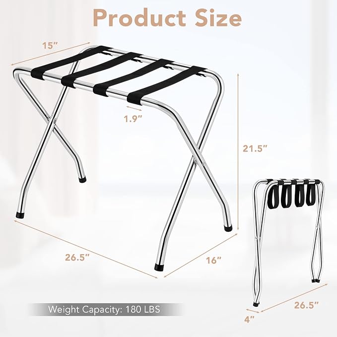 MAT EXPERT Folding Luggage Rack, No Assembly Required, 180lbs Capacity Luggage Holder w/ Nylon Straps & Non-slip Footpads, Chrome Suitcase Stand for Guest Room Home Bedroom Hotel, Set of 2, Silver - Image 6