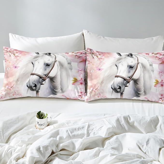 Horse Duvet Cover Queen for Boys Girls Wild Animal Print Bedding Set Pink Cherry Blossoms Decor Comforter Cover 3D White Horse Flower Butterfly Print Bedding 3 Pcs Farmhouse Spring Theme Bedspread - Image 5