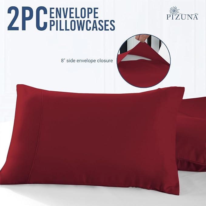 Pizuna 100% Cotton Pillow Cases Queen Size Set of 2 Luxury 1000 Thread Count Sateen Weave Long Staple Cotton Hotel Quality Envelope Closure Pillow Covers Fits Standard/Queen Pillows - Rio Red - Image 3