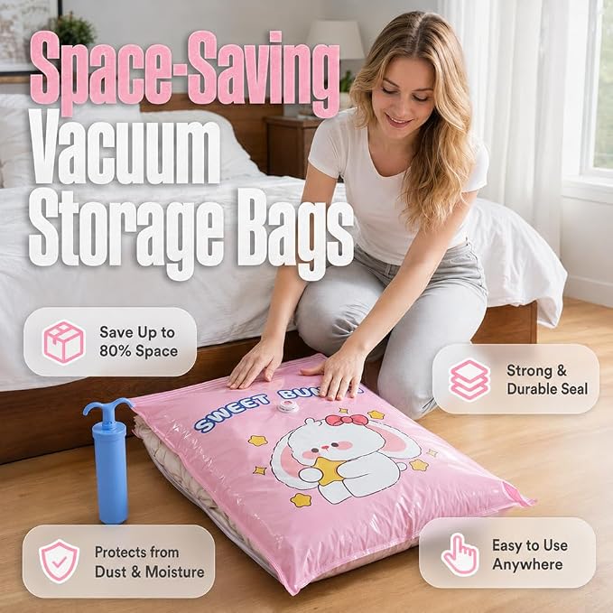 Vacuum Storage Bags with Pump, Thick Space Saver for Blanket & Comforters (4pcs + Vacuum Hand Pump) - Image 2