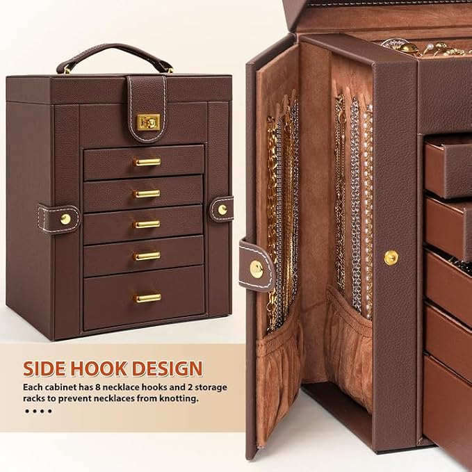 AKOZLIN 6-Tier Jewelry Box Organizer Functional 5 Drawers Leather Jewelry Storage Case for Women Girls Ring Necklace Earring Bracelet Holder Organizer with Mirror Brown Regular - Image 5