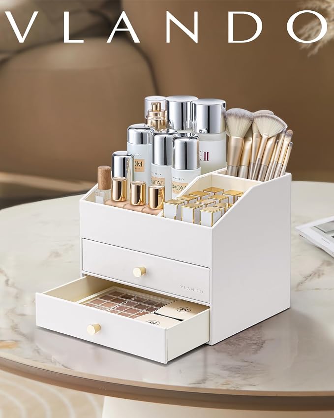 VLANDO Makeup Organizer for Vanity,Large Capacity Countertop Organizer with Drawers, PU Leather Cosmetic Display Case for Lipstick,Brushes,Skincare,Nail polish and Bedroom Storage (White) - Image 8