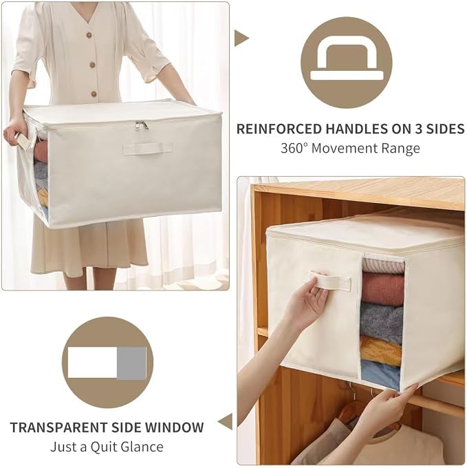 Canvas Comforters Bags Closet Organizers and Storage for Quilts Clothes Organization Containers Bins with Sturdy Zipper, Clear Window 75L for Sweaters Blankets Storage Bedroom Collapsible 6Pack - Image 4