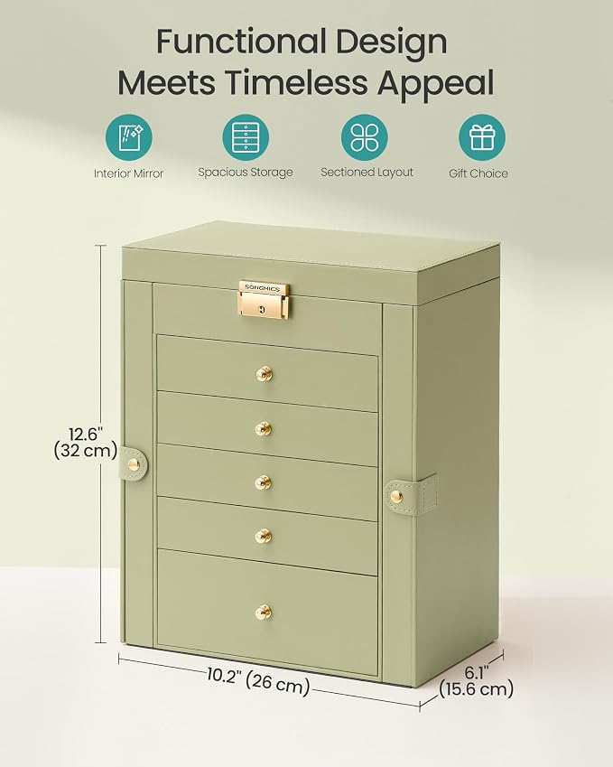 SONGMICS Jewelry Box Organizer, 6-Layer with 5 Drawers, Sage Green | Jewelry Storage Case with Lock and Mirror, Large Storage Capacity, for Necklaces, Watches, Gift for Loved Ones UJBC152CE01S - Image 3